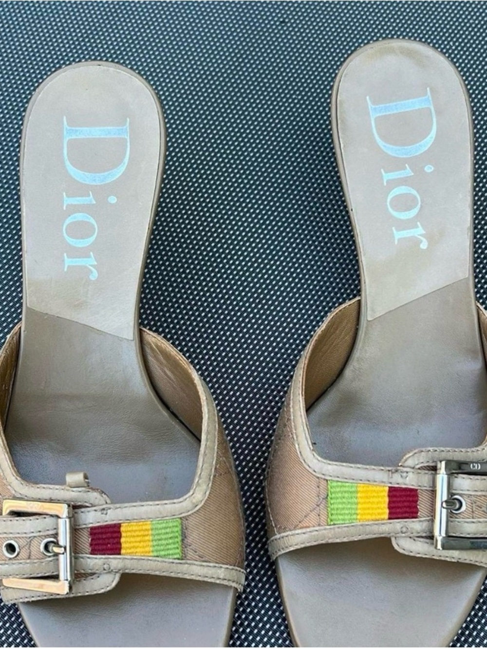 Vintage 2004 Dior Rasta Beige Leather Slide Mules with Multicolor Stripe - Picture 5 of 8